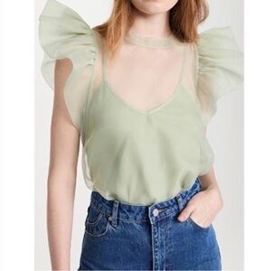 Jonathan‎ Simkhai Sheer Green Ruffle Sleeve Top Elegant Sheer Green